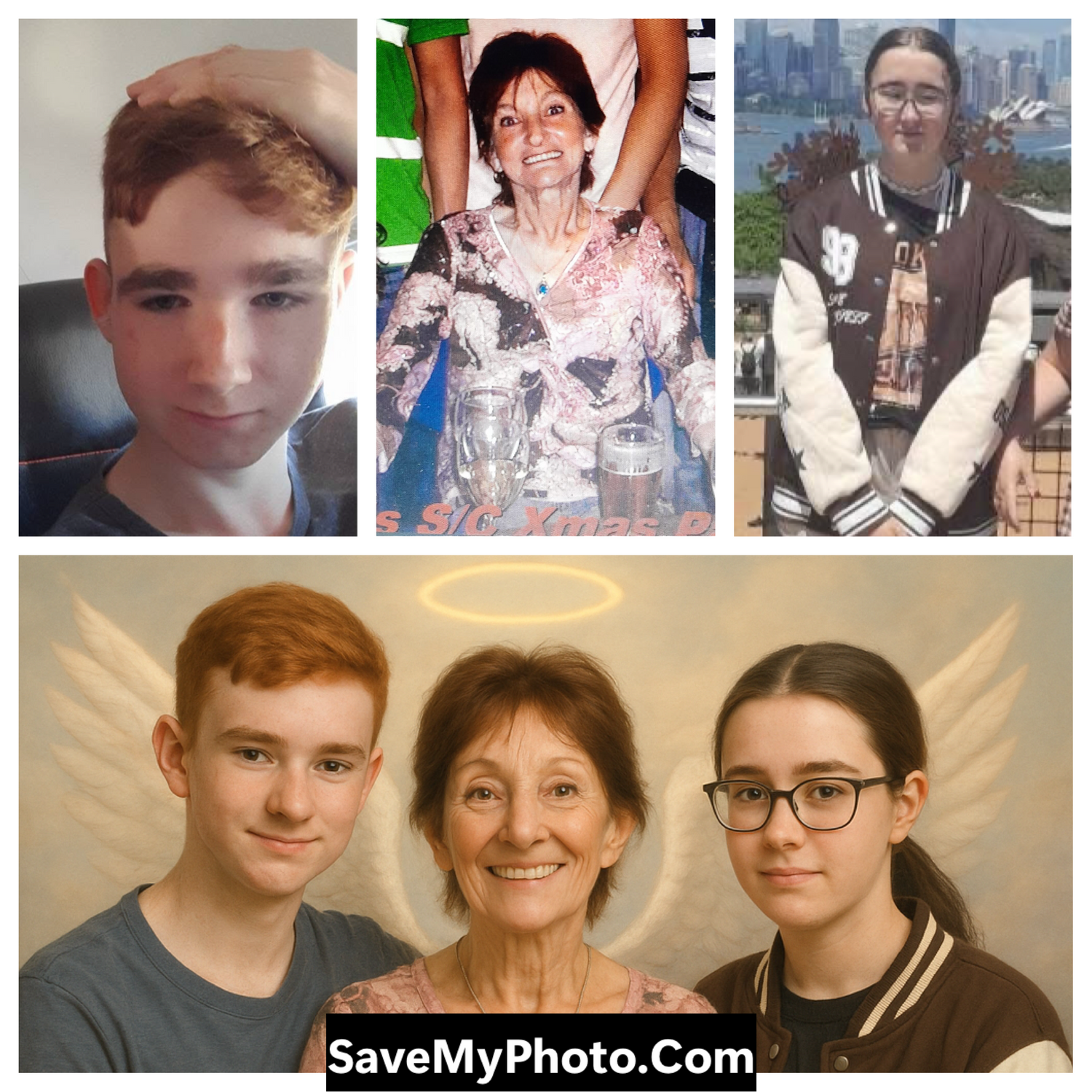 Three photographs merged into one image showing a woman and two children. Professionally done by savemyphoto.com