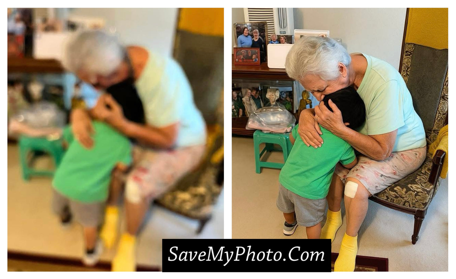 A restored photograph of an old woman embracing a child. Professionally done by savemyphoto.com