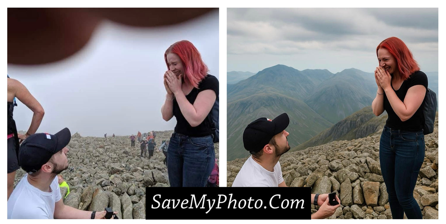 A photoshopped photo of a woman's engagement. Professionally done by savemyphoto.com