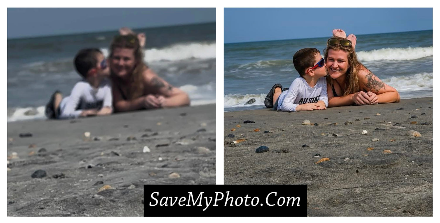 A restored photograph of a woman and son on a beach. Professionally done by savemyphoto.com