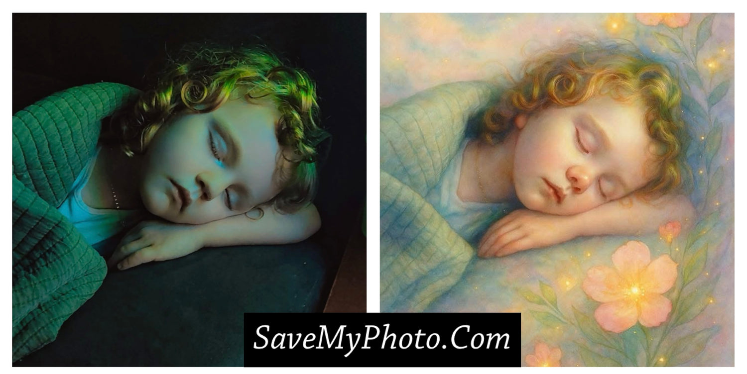 A photoshopped photograph of a young sleeping child. Professionally done by savemyphoto.com