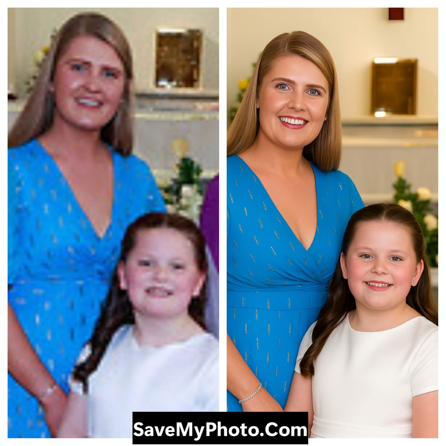 A restored photograph of a woman and daughter. Professionally done by savemyphoto.com