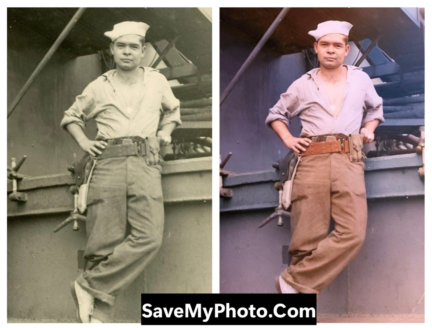 A restored photograph of a man in a navy uniform. Professionally done by savemyphoto.com